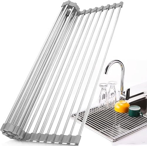 Marctani Escurreplatos Plegable sobre Fregadero - Escurridor de Platos Enrrollable de Acero Inoxidable, Malla de Drenaje Resistente AL Calor para Secar Frutas, Verduras y Platos (Gris, 43x30 cm)