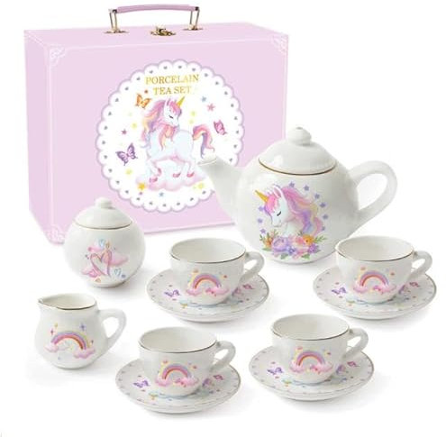 Toylink Servicio de Té Unicornio Niños Regalo de Juego de Té de Porcelana para Niñas de 3 4 5 6 7 Años, Set de Tetera con Tazas Azucarera Jarra de Leche Maletín de Transporte Juguete para Fiesta de Té