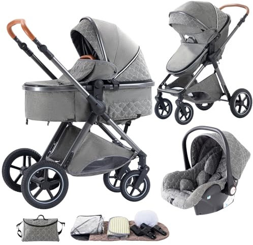 Shineey Kinderwagen 3 in 1,Puppenwagen Buggy Faltbarer Kinderwagen Set, Kombikinderwagen 3 in 1 mit Großer Bequemer Babywanne, Laufwagen Rahmen Aluminiumlegierun (H2 DEEPGREY, H2)