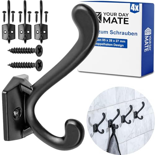 Haken zum Schrauben, 4 Stück, in Schwarz, Außen 85 x 28 x 27 mm, Doppelhaken inkl. Holzschrauben, Garderobenhaken für Tür, Bad, Küche, Flur, Büro, DIY Metallhaken, Mantelhaken, Huthaken, Wand Haken