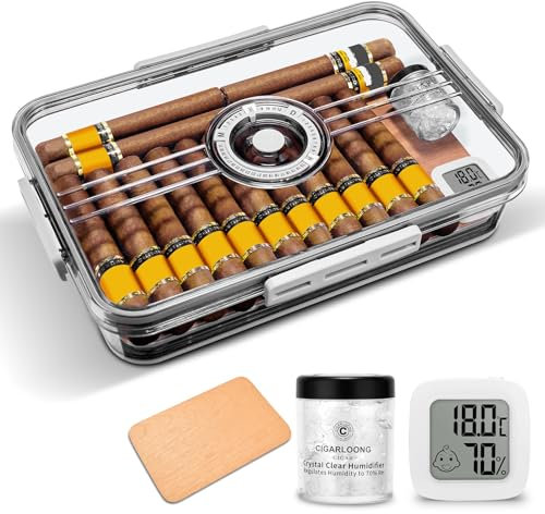 CLZOONG Cigar Humidor Jar/Case/Box Clear with Hygrometer,Humidifier&Cedar Wood Slice, Acrylic Cigar Humidor Portable Airtight Can Hold About 20-30 Cigars (S)