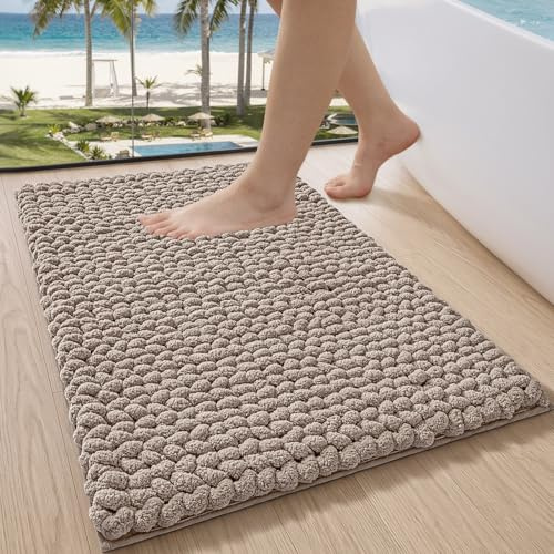 LUMI Chenille-Badezimmerteppich, rutschfest, saugfähig, Beige, 61 x 91,4 cm | Ultraweiche, dicke Luxus-Badematten, schnell trocknend, maschinenwaschbar, geflochtenes Design für Badewanne, Waschbecken