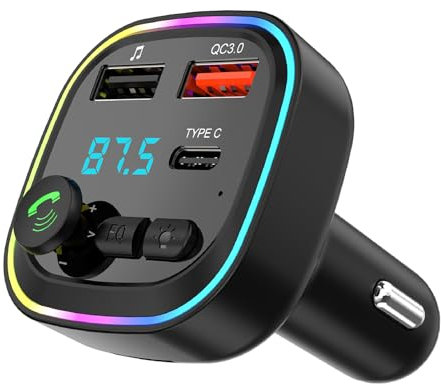 Bluetooth 5.3 FM Transmitter for Car, Bluetooth Car Adapter, QC3.0 & PD 20W Fast Charging, Universal Car Charger with Dual USB and 1 Type-C, Hands Free Calling, Supports USB/TF/Micro SD