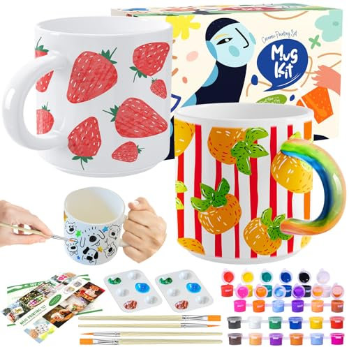 Crifeton Kit Paint-a-Mug Singolo o Doppio per Personalizzare Tazze per Adulti Kit per Ceramica da Decorare Include Tazze, Colori, Pennelli e la Guida Rapida -Set di artigianato per adulti
