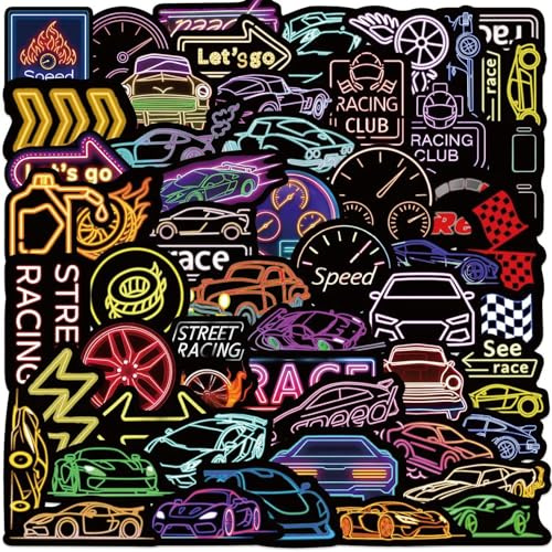 Neon Racing Car Stickers for Laptop(50 PCS),Gift for Children Teens Adults Girl Boys,Neon Waterproof Stickers for Skateboard,Scrapbook,Bike,Phone,Computer,Luggage Water Bottle Guitar
