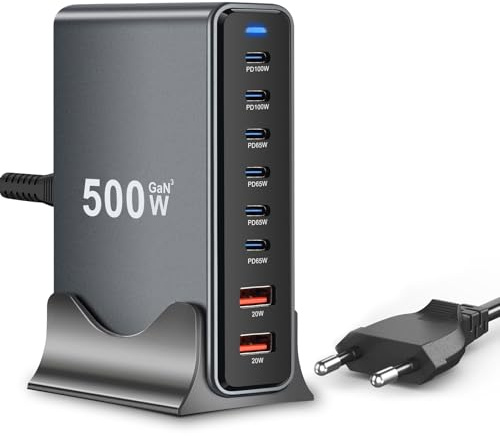 Lizoak 500W USB C Ladegerät - GaN Netzteil mit 8-Port Multi-Geräte Schnellladeleistung, PPS PD 100W Vertikal Ladegerät Mehrfach kompatibel mit iPhone, Laptop, MacBook Pro/Air, Galaxy(6C+2A)