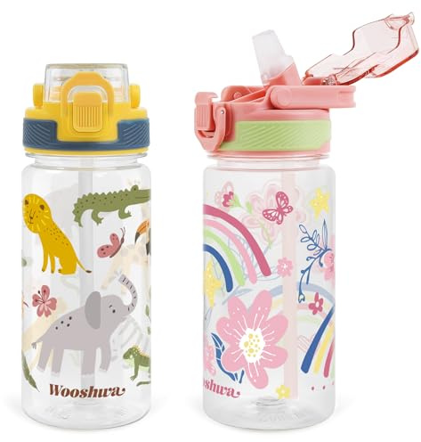 wooshwa Kids Water Bottle for School, 16 Oz Plastic Water Bottle with Silicone Spout and Pop-Up Cover, BPA Free & Dishwasher Safe (Woodland Animals/Flower)
