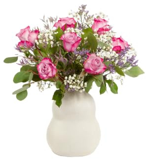 Blumenstrauß Blossom Dreams in RosaViolettWeiß, mit Eukalyptus, Limonium, Rosen