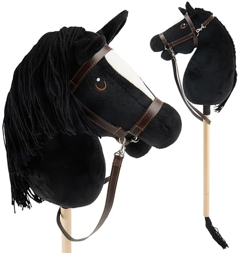 Bieco Hobby Horse Steckenpferd Rappe - Größe M, mit Trense | Abnehmbarer Stock & Schweif, für Springreiten, Dressur & Spielen | Hobby Horse Pferde
