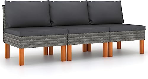 Owoxanthellate Rattan Outdoor Sofa 3er Set Grau PE Rattan mit Eukalyptus Beinen Anthrazit Kissen 60,5x64,5x67 cm Modular Wetterfest Modernes Design für Balkon Terrasse und Wintergarten