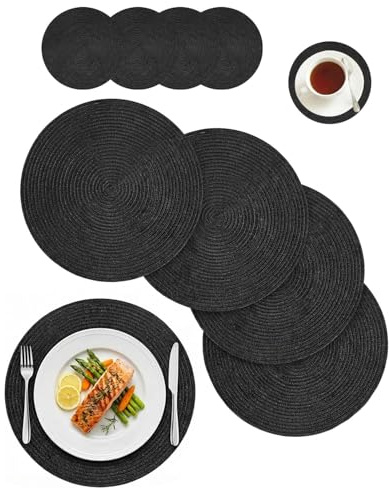 Placemats Set of 4 with Coasters Large - GiftGem Woven Place Mats for Dining Table, Natural Heat Resistant Non-Slip Round Mats, Kitchen Home Decor Tableware Protection