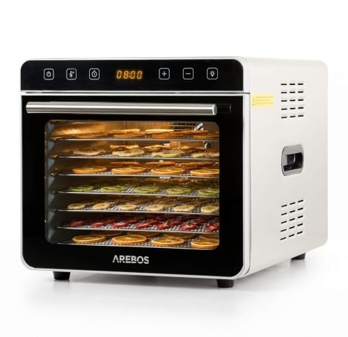 Arebos Dörrautomat Edelstahl 700W | Dehydrator mit 8 Gittern & 19L | Dörrgerät für Obst, Gemüse, Kräuter, Pilze, Fleisch & Fruchtleder | LED-Innenbeleuchtung | Touchdisplay | 35-85°C | 24h Timer