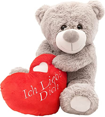 Teddybär mit Aufschrift I love you, groß, 41 cm, weiches graues Plüschtier mit rotem Liebesherz mit Ich Liebe Dich-Stickerei, perfekt für Valentinstag, Muttertag