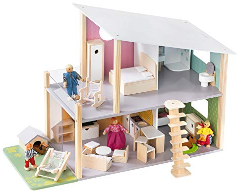 howa Puppenhaus Nelly aus Holz mit 23 TLG. Möbelset, 4 Puppen und Hund 7015