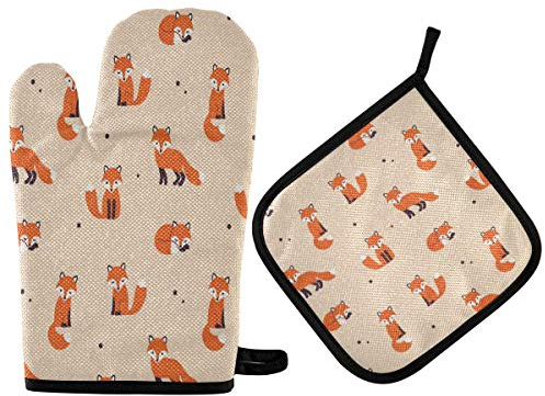HMZXZ RXYY Niedlich Tier Fuchs Stelle Muster Ofenhandschuhe Gesteppt Baumwolle Beschichtung Topflappen BBQ Handschuhe-Ofenhandschuhe Hitzebeständig Küche Sicher Matten für Backen Kochen