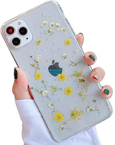 Tybiky For iPhone 11 Pro Case Dried Flowers Mobile Phone Case Crystal Gel Protective Case Thin Handmade Everlasting Flower Case Cover Shell Protective Case for iPhone 11 Pro, Little Yellow Flower