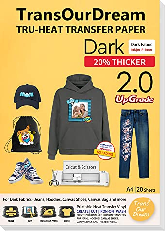 TransOurDream A4x20 Sheets+2 Teflon Paper Inkjet Transfer Paper for Thick Textiles Black/Dark Striped,Canvas,Custom Hoodie or Fabric Bag,Printable Vinyl Upgraded 2.0 Easy to Transfer (Trans-02-20)
