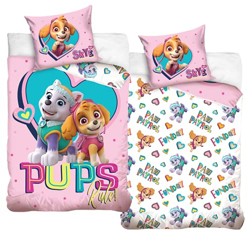 Bettwäsche Bettbezug Paw Patrol 135x200 80x80 Baumwolle in rosa · Kinderbettwäsche für Mädchen Skye & Everest · 2 teilig · 1 Kissenbezug 80x80 + 1 Bettbezug 135x200 cm