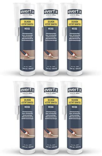 EVERFIX Sanitär Silikon Acetat weiss (310 ml, 6 Stück) für Bad, Dusche und Küche zum Abdichten und Verfugen für außen und innen, schimmelresistent, pilzhemmend, wasserdicht