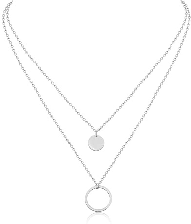 AFSTALR Damer lager kedja silver/roséguld/guld coinkette multilayer kedja med cirkelring hänge halsband gåva för kvinnor, 40 cm (inner), 45 cm (ytter) med 5 cm förlängning, Rostfritt stål