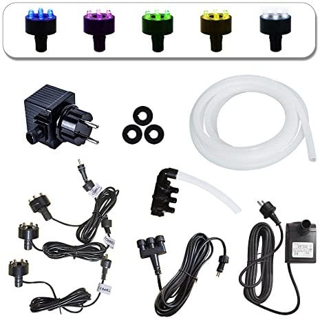 Köhko komplett Pumpe Set 1500L/H für Springbrunnen Gartenbrunnen inkl. 3 LED-Beleuchtung (Grün), 3 Wege Wasserverteiler, Schlauch, 5m Verlängerungskabel, Tarfo und Schaumdichtung
