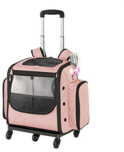 Hundetasche Hundebox Faltbar Katzentransportbox mit Rädern, Hundetrolley Transporttasche Tragetasche for Tiere 2in1 Rucksack und Trolley mit Zusammenklappbarer Schüssel (Color : Pink)
