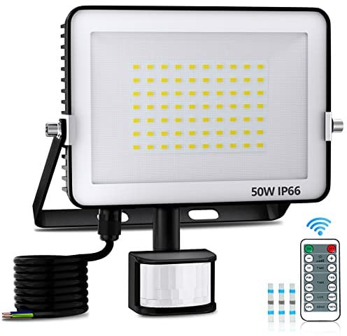 FEAHRZEUG 50W Security Lights Outdoor Motion Sensor 5000 Lumen PIR Light with Remote Control IP66 Waterproof Motion Sensor Flood Garden Light Security Perfect for Forecourt Backyard Garages