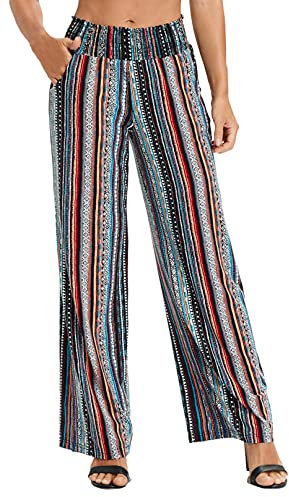 EXCHIC Damen Boho Gerade Beine Elastische Taille Palazzo Hose Freizeit Leichtes Yoga Loungehose mit Taschen (M, Series 2#14)