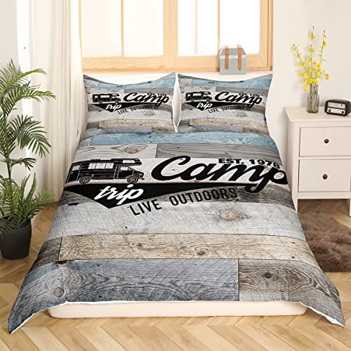 Camping Bettwäsche 2 teilig Erwachsene Teenager Camper Bettwäsche alter hölzerner Scheunentor Bettbezug Vintage rustikaler Bauernhaus Stil Bettbezug Happy Camping Bettwäsche ultraweich, 135 x 200 cm