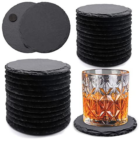 24 Stück runde Schiefer-Getränkeuntersetzer, VIBRATITE 10,2 cm, schwarzer Schieferstein-Untersetzer mit kratzfester Unterseite für Getränke, Bar, Küche, Heimdekoration