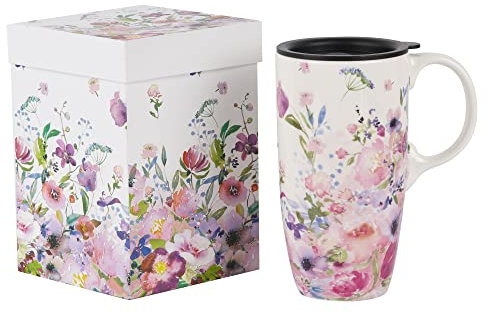 Topadorn Keramik-Kaffeetasse, Reisebecher, Geschenk mit Deckel, 500 ml, Porzellan, hohe Teetasse mit Griff, für Zuhause und Büro, Weiß und Rosa, Blumenmuster, Tasse in Geschenkbox, 16,5 cm hoch