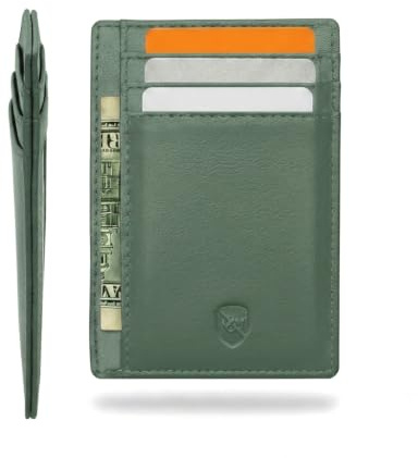 ALLEN & MATE Slim Leather Card Holder, RFID Front Pocket Wallet, Gift Boxed | Soft & Flexible, Not a Rigid Case; Holds 7 Cards, Bills & ID Window; 4.3 x 3.15 x 0.2 in Empty; Gift Boxed; For Him or Her