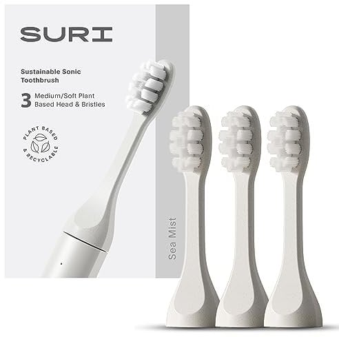 SURI Recyclable Plant-Based, Electric Toothbrush Heads - Built-in Tongue Scraper, Long Lasting Replacement Heads | Compatible Only with SURI Sonic Electric Toothbrush - Sea Mist, Pack of 3