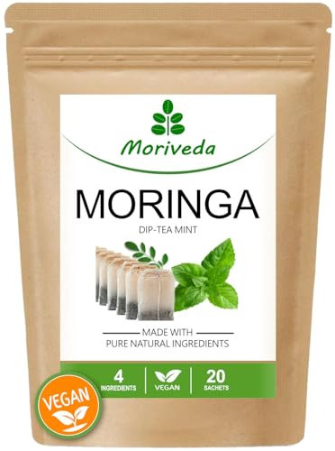 MoriVeda Moringa Oleifera Tee mit Minze, 20 Teebeutel, Minztee aus getrockneten Moringa Blättern, natürlich und vegan, 20 Beutel Minze