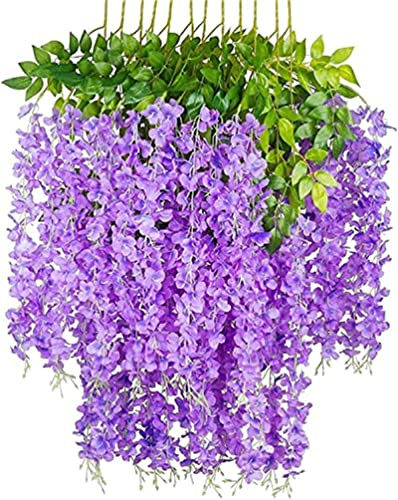 Ailovone Kunstblumen Künstliche Glyzinien Blumen 12 stück hängepflanze künstlich Kunstblumen für den Außenbereich kunstblumen Balkon für Party Home Dekoration Hochzeiten 110 cm (Lila)