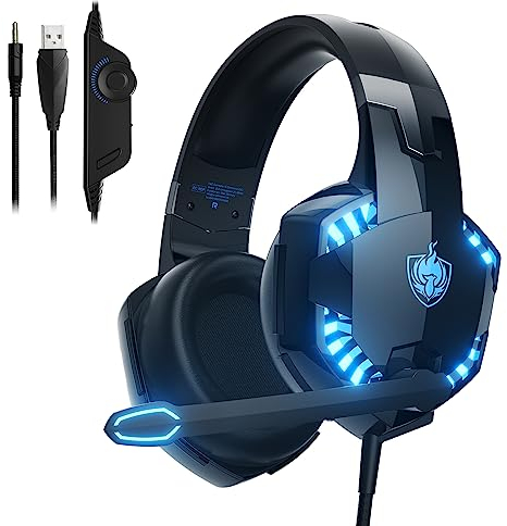 PHOINIKAS Cuffie Gaming per PS4/PS5/Xbox One/Switch/PC, Altoparlante da 50MM con Surround dei Bassi 3D, Microfono con Cancellazione del Rumore Regolabile, Luce LED