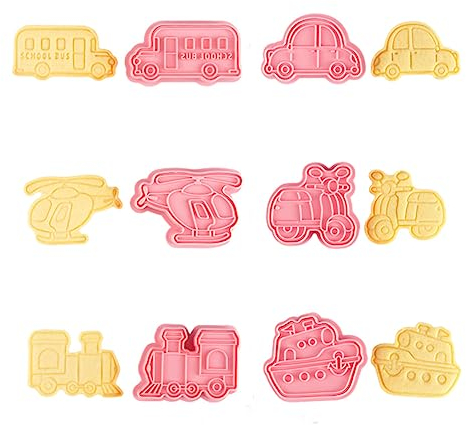 CANDeal 6-teiliges Set Ausstechformen Für Transportfahrzeuge Mit Stempel, Auto-Helikopter, Moto, Fahrrad, Zug, Prägeschneider Für Fondant, Kekse, Gebäck, Käse, Backen