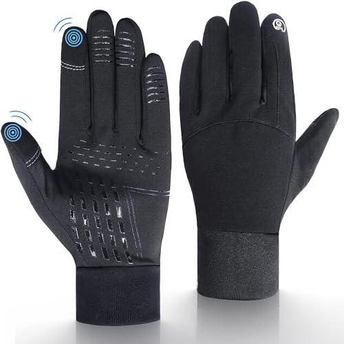 UPhitnis Dünne Fahrradhandschuhe Herren Winter - Thermo Fahrrad Handschuhe Touchscreen für Mann Damen Anti-Rutsch Winddicht - Winterhandschuhe für Radfahren Laufen Fahren Wandern, Schwarz/Größe S