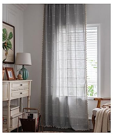 ANAZOZ Gardinen Transparent mit Kräuselband 2er Set, Voile Wohnzimmer Vorhänge Modern Baumwolle 132x200cm Weiße Linien Gestickt