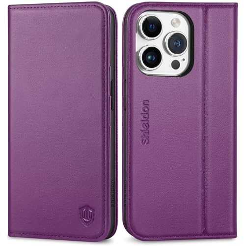 SHIELDON Flip Case for iPhone 15 Pro 5G, Genuine Leather Wallet Case with [Card Slots][RFID Blocking][Kickstand][TPU Shell] Shockproof Magnetic Folio Cover Compatible with iPhone 15 Pro 2023 - Purple