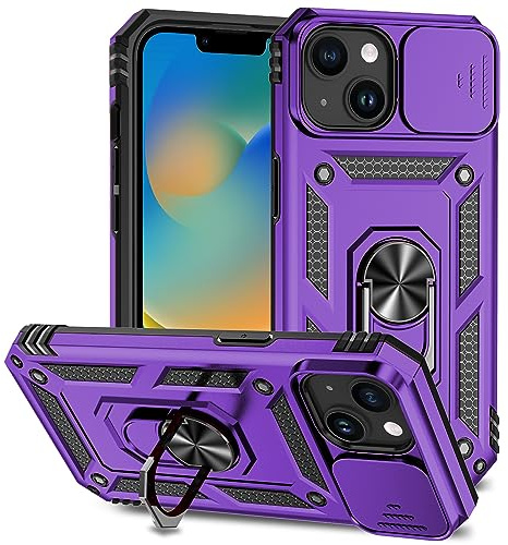 Hitaoyou Phone Case for iPhone 15 Case,iPhone 15 Magnetic Case with Camera Cover & Kickstand Military Grade Shockproof Heavy Duty Protective Cover for iPhone 15 Purple