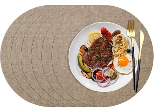 HNVNER Tovagliette in Pelle Lavabili Rotonde Set di 6, Tovagliette Americana Lavabili, Tovagliette Colazione Antiscivolo Resistenti al Calore, Colore del caffè