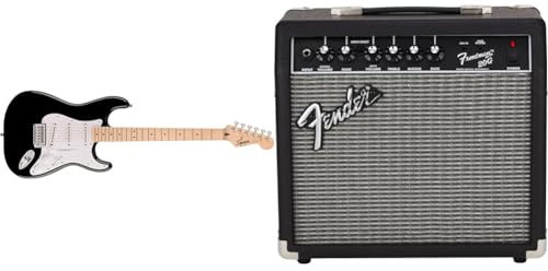 Squier by Fender Sonic Stratocaster Electric Guitar Bundle in Black. Frontman 20G Amplifier, Tuner, Cable, Strap, Picks, Stand, Gigbag and Fender Play Online Tuition included