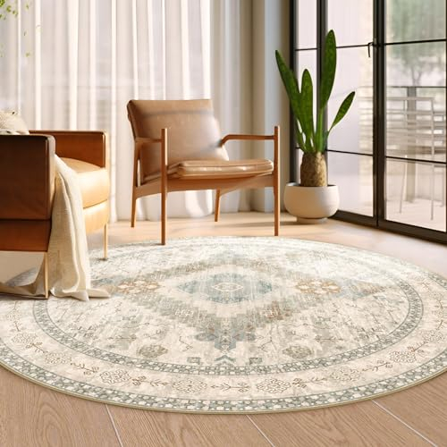 Ashler Vintage Teppiche, 4 x 4 runder Boho-Teppich, Teppiche für Wohnzimmer, Schlafzimmer, Küche, Abendessen, hellbeige/natürliche Heimdekoration, rutschfeste und maschinenwaschbare Teppiche,