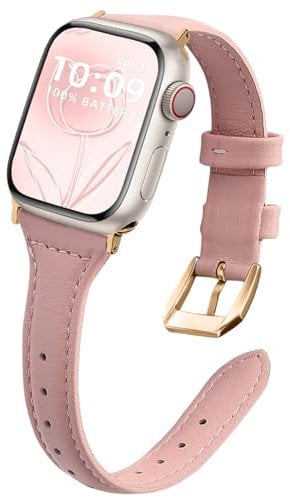 WoPail Leather Straps for Apple Watch Strap 42mm 44mm 45mm 46mm(Series 10) 49mm, Women Replacement Genuine Leather Slim Strap for Apple Watch Series 10 9 8 7 6 5 4 3 2 1/SE/Ultra Series - Pink