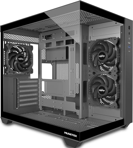 MUSETEX Case per PC ATX, 3 ventole da 120 mm preinstallate, supporto RAD da 360 mm, vista completa a 270°, custodia per PC da gioco in vetro temperato con tipo C, case per computer Mid Tower ATX,