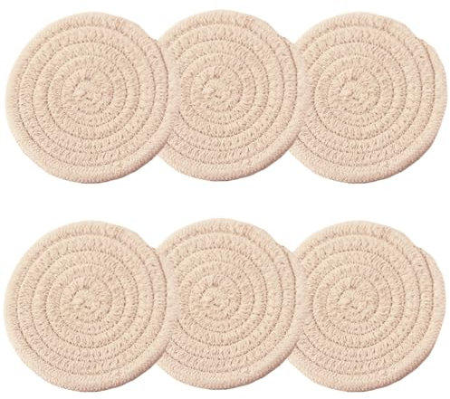 Round Woven Coasters Set of 6 Beige Small Place Mats 4.3 inches Cotton Absorbent Bar Coaster for Drinks Heat Resistant Tabletop Protection Table Placemats BD0204