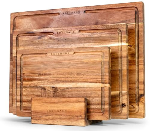 EDELHAUS Schneidebrett Holz 3er Set (40x30 / 33x24 / 26x18cm) Holzschneidebrett Set aus Massiver Akazie - 2cm dicke Holzbretter mit Saftrille - Design Schneidebrett Set