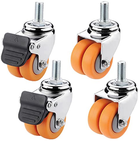 ASHILD Gummi-Doppelrollen, Lenkrollen mit M12-Gewinde, Ersatz-Schwerlast-Lenkrollen, (4 Stück), stumm tragbar, 2 Bremsen + 2 Bremsen – 2 Zoll