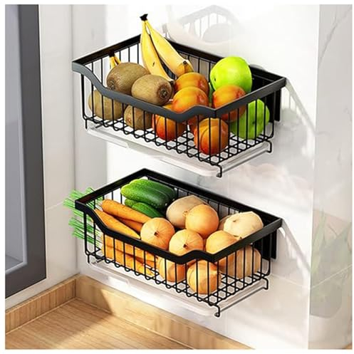 Cesta Colgante Frutero Pared, Cesta Colgante Metalica para Organizador, Estanteria Baño Pared, Cesta Colgante de Cocina Acero Inoxidable Cestas Almacenaje, Fuerte Capacidad de Carga Black- 2 Set,30CM